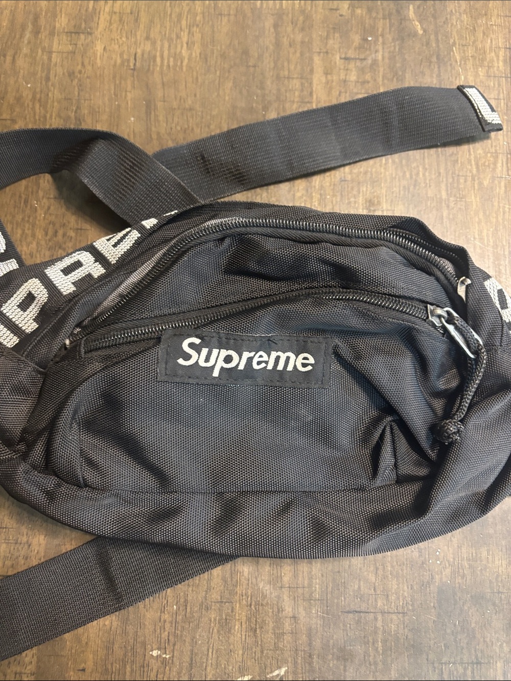 Supreme Black Waist Sling Bag with Branded Strap missing zip handle